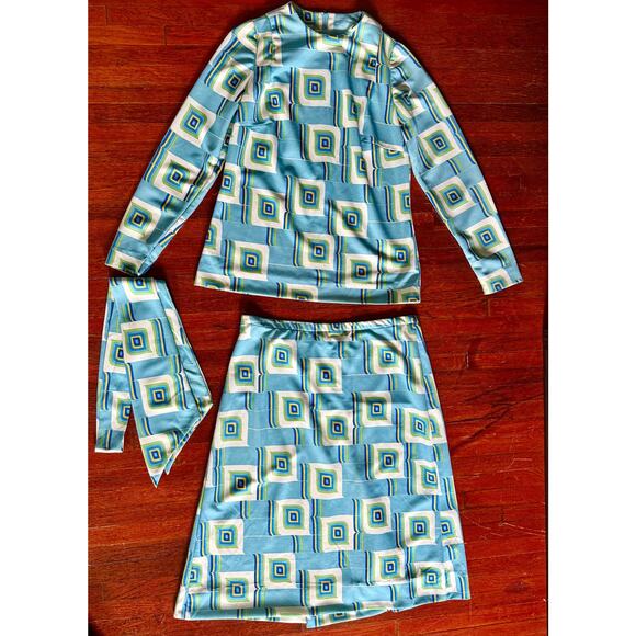 Vintage 70s Blue White Square Mod Matching Skirt Scarf Set Small XS Retro Outfit - Picture 1 of 6